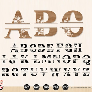 Floral Split Monogram Alphabet SVG – Laser Cut Files for Wood Engraving, Custom Name Monogram, A-Z Letters for Glowforge, Cricut, CNC