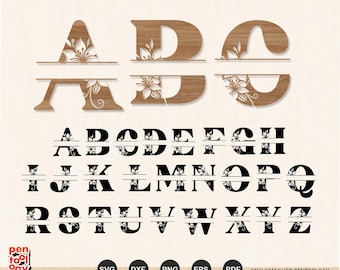 May include: Wooden and black floral alphabet letters. The upper row features the letters A, D, and G in a light brown wood grain with floral cutouts. The lower rows display the full alphabet in a black, serif font with floral accents.