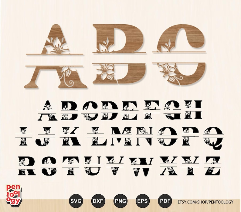 Floral Split Monogram Alphabet SVG – Laser Cut Files for Wood Engraving, Custom Name Monogram, A-Z Letters for Glowforge, Cricut, CNC