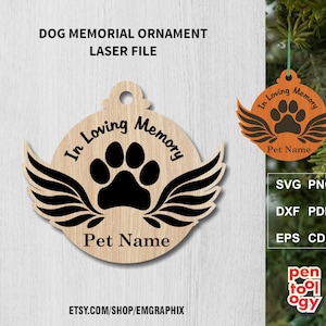 パーソナライズされたペットのメモリアルオーナメントレーザーファイルSVG、翼のある犬の足跡のクリスマスボール、ペットロスオーナメント、ベクター、Glowforge Xtoolファイル