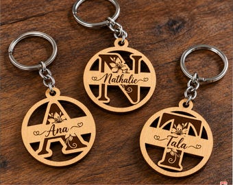 Floral Monogram Keychain SVG | Personalized Initial Name Keychain Laser Cut File | Floral Initial Keychain Template