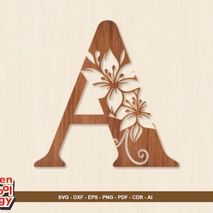 Può includere: Lettera "A" in legno con design floreale. La lettera è di colore marrone medio con un design floreale ritagliato sul lato destro. Lo sfondo è di colore beige chiaro. La parte inferiore dell'immagine contiene il testo "SVG - DXF - EPS - PNG - PDF - CDR - AI".