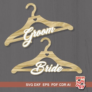 Wedding Hangers Laser Cut Files, Groom and Bride hanger for Xtool, Glowforge | Wooden hanger cutting templates - Svg Dxf Cdr Eps Ai files