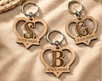 Botanical Initial Heart Keychain SVG | Monogram Laser Cut File | A-Z Keychain Design
