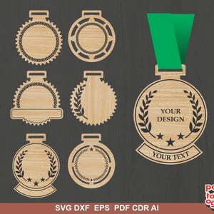 May include: Wooden medal designs with various laurel wreath and star details. One medal has a green ribbon. The medals are blank, ready for customization with text and designs. The image includes the text "YOUR DESIGN" and "YOUR TEXT".