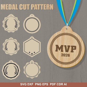 May include: Wooden medal cut pattern with various shapes, including a round medal with "MVP 2026" text and a blue and green ribbon. Other designs include laurel wreaths and star accents.