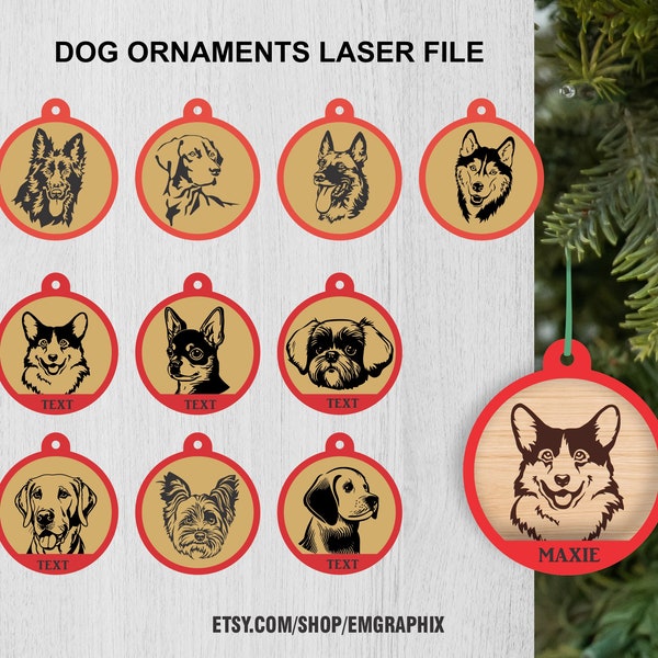 Dog Christmas Ornaments Laser File, Dog Breeds Christmas Baubles SVG Dxf Eps Cdr Vector files for Laser Cutting Engraving