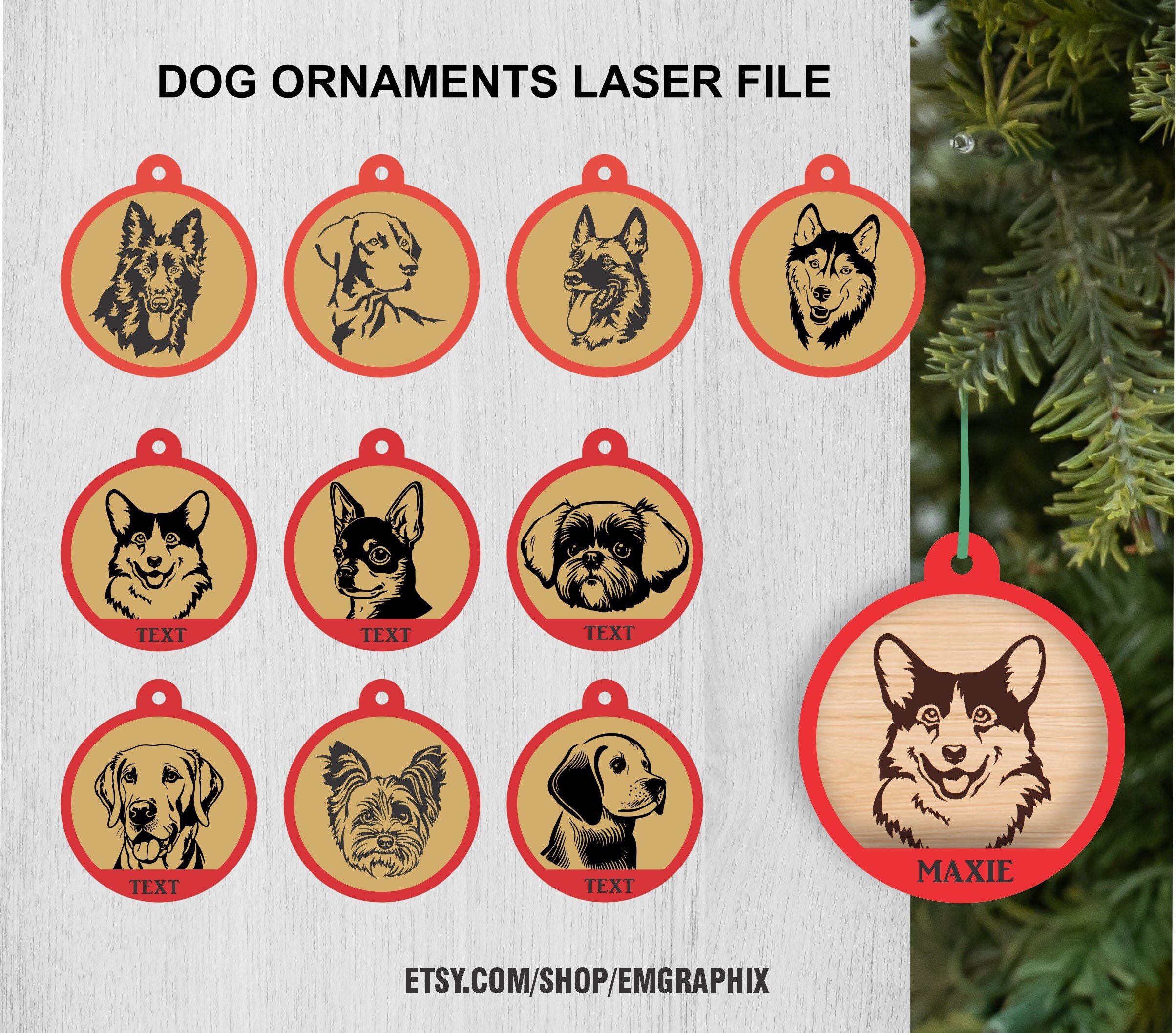Hund Weihnachten Ornamente Laserdatei, Hunderassen Weihnachtskugeln SVG Dxf Eps Cdr Vektordateien für Laserschneiden Gravur