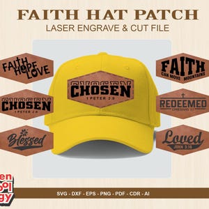 Puede incluir: Una gorra de béisbol amarilla con un parche de cuero marrón que dice "CHOSEN 1 PETER 2:9". La imagen también muestra varios parches de cuero marrón con frases religiosas como "FAITH" y "Blessed". El texto "FAITH HAT PATCH" está en la parte superior.