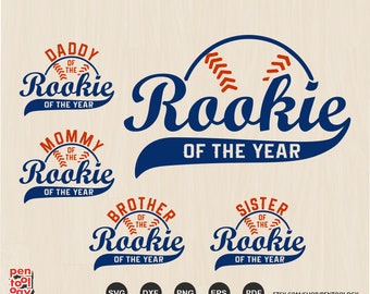May include: Five baseball-themed designs with the text "Rookie of the Year" in a blue and orange color scheme. The designs feature different titles: "Daddy", "Mommy", "Brother", "Sister", and a generic "Rookie of the Year" design.