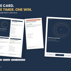 May include: A digital ADHD Home Reset Card Deck featuring multiple cards with checklists and instructions. The cards display text including ONE CARD. ONE TIMER. ONE WIN. and Kitchen Five-Minute Win. The design uses a dark blue background with white and orange accents, presented as a printable set for phone and GoodNotes.