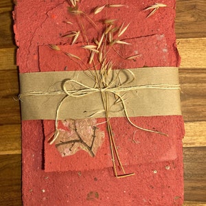 CARTA ARTISTICA fatta a mano 100%, ecosostenibile, non tinte e colla, 10 fogli con inserti botanici e altro, Kit-C rosso-verde, uso creativo