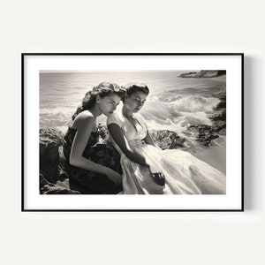 Vintage Woman Print, Vintage beach Fun print, Black and White Wall Art, Museum Quality Photo Print, woman with landscape nature print
