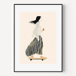 Obra de arte de niña en patineta Arte abstracto de mujer Impresiones de arte abstracto moderno Impresión de niña feliz con naranja, retrato ilustrativo de mujer