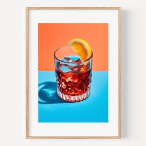 Póster de cóctel Negroni, arte Negroni, minimalista naranja, arte digital moderno, decoración de bar, impresiones de verano, vídeos de verano, bebidas de verano, cócteles de moda