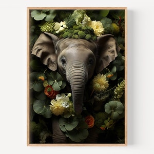 Baby Elefant Druck, Safari Malerei, Elefant Illustration, Safari Tiere Wandbild, Safari Thema, Waldlandschaft, Blumen Malerei
