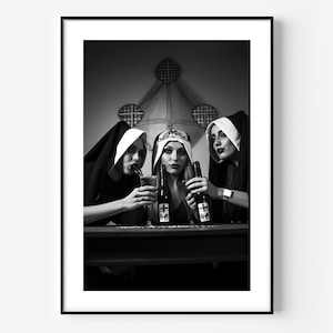 Nuns Drinking Alcohol Print, Humor Nuns, Funny Vintage Black and White Wall Art, Vintage Print, Photography Prints, Museum Quality Print