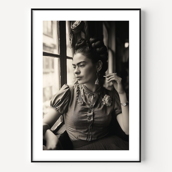 Frida Kahlo Smoking Poster, mexikanische Künstlerin, schwarz-weiß Wandkunst, Vintage Print, Fotografie Drucke, Foto Kunstdruck in Museumsqualität