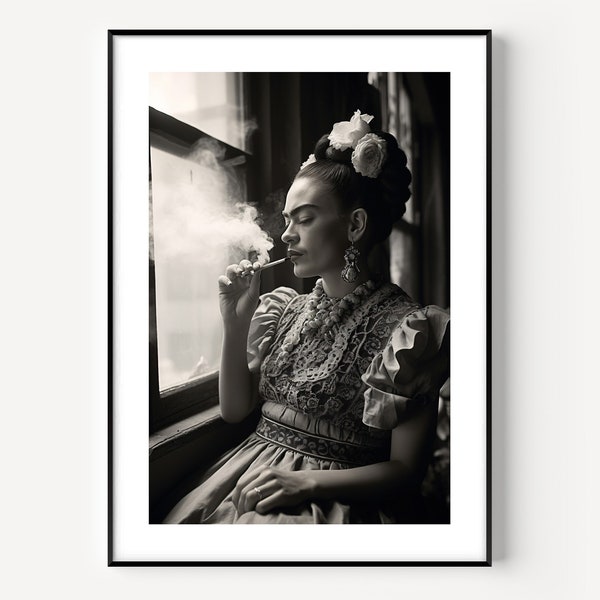 Póster de Frida Kahlo fumando, artista mexicana, arte mural en blanco y negro, impresión vintage, impresiones fotográficas, impresión fotográfica con calidad de museo