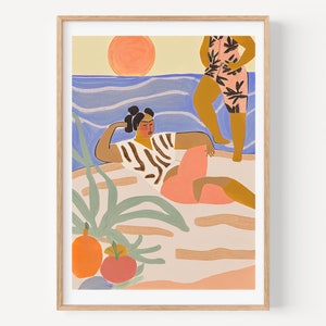 Póster de atardecer con mujeres, pintura multicolor de paisaje marino de playa, arte de pared de verano, impresión colorida de playa, decoración de casa de playa, impresiones abstractas