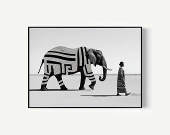 Elephant print with Woman Walking Poster black-and-white Wall Art Elephant Painting Large Elephant Poster Elephant Photography Animal Art