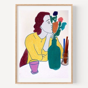 Póster creativo vintage de mujer bebiendo con flores francesas, arte botánico, para cocina, decoración artística abstracta e ingeniosa, botánico.
