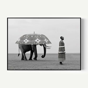 Elephant with Woman Poster black-and-white Wall Art Elephant Photo Large Elephant Poster Elephant Photography Animal Art Decor for Kitchen