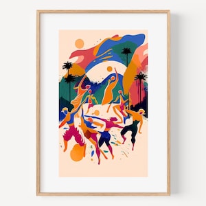 Arte de pared ilustrativo de verano, impresión colorida para decoración de casa de playa, impresión abstracta de mujeres jugando en la playa, pintura de paisaje marino multicolor