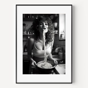 Stampa di una donna con spaghetti, poster del momento della pasta, ragazza amante degli spaghetti, arte murale, arte della pasta italiana, arte della cucina, fotografia di una donna buongustaia, modella buongustaia