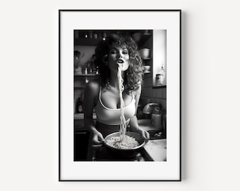 Spaghetti Woman Print Pasta Moment Poster Noodle lover Girl Wall Art Italian Pasta Art Kitchen Art Foodie Woman Photography, Model Foodie