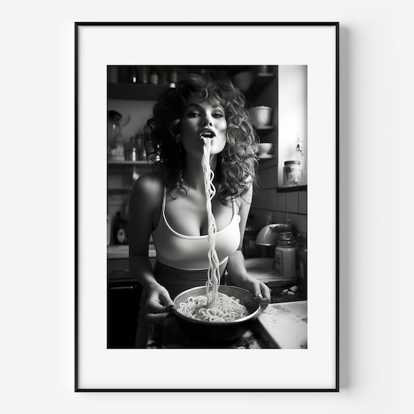 Spaghetti Woman Print Pasta Moment Poster Noodle lover Girl Wall Art Italian Pasta Art Kitchen Art Foodie Woman Photography, Model Foodie