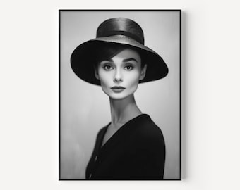 Audrey Hepburn Wall Art Black and White Print Famous Photography Women Painting Vintage Photograph Portrait of Famous Lady Woman