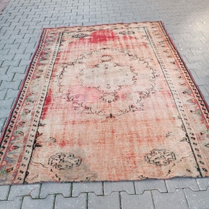 Vintage Turkish Area Rug 5.6x8.1 ft, Handknotted Cotton on Wool Anatolian Rug