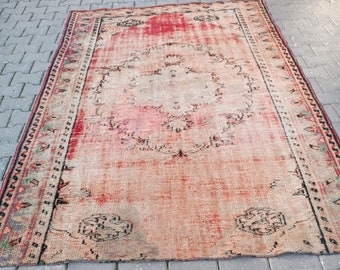 Vintage Turkish Area Rug 5.6x8.1 ft, Handknotted Cotton on Wool Anatolian Rug