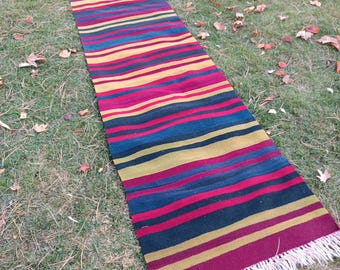 Vintage Striped Wool Turkish Runner Rug: 2.5x12 ft Rustic Kilim Rug