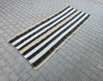 Vintage Turkish Kilim Rug: Handwoven Wool, Black & White Striped 4x9