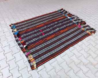 Vintage Turkish Kilim Rug: Handwoven Wool, Red White Green Black Orange Striped 5x6