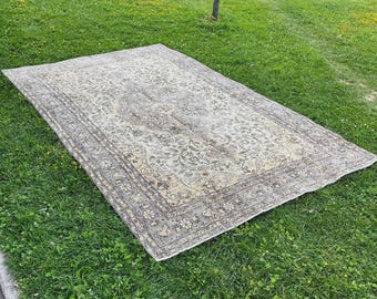 Turkish Wool Area Rustic Rug 7x10: Green & White Floral Livingroom Rug