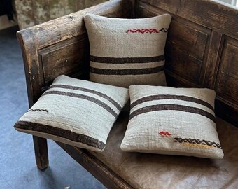 Kilim Pillow Cover Set (3) - 15x15 White Wool Boho Throw Pillow