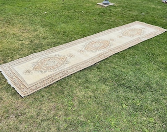 Vintage Oushak Runner Rug, Handmade Wool Turkish Runner, Boho Decor (3x12 ft)