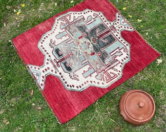 Vintage Turkish Wool Rug: Red Oushak Square Rug (31x34 Inches)