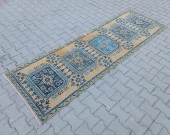 Vintage Oushak Runner Rug: 3x9 Turkish Wool Handwoven Anatolian Rug