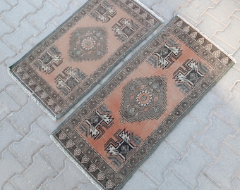 Pair fo Vintage Turkish Wool Handmade Oushak Rugs for Bathroom, 1.5x3 Ft.