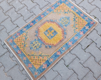2x3 Small Turkish Naturel Handmade Rug Wool on wool Foundation, Blue, Yellow, Brown