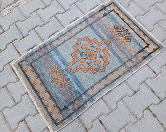 Small Turkish Oriental Handmade Wool Oushak RUG, 2x3 Feet Blue Gray Yellow Black