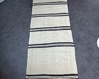 Vintage Kelim Teppich Läufer 70x150: Gestreifte Wolle Flachgewebe, Weiß & Schwarz
