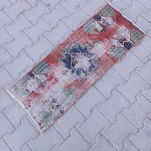 Vintage Turkish Oushak Rug: Small Wool Entry Rug, Red Accent (1.3x3.4 ft)