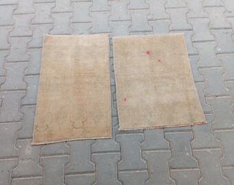 Vintage Turkish Rug Set: Pastel Wool Bath Mats, 1970s
