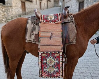 Traditional Handmade Carpet Saddle Bag, Vintage Wool Bag, Red White Naturel Colors