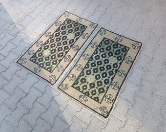 Wool Runner Rug Set, Neutral Handmade Oriental Turkish Rugs, Black Green Beige 2x3.3 Ft., Pair of Turkish Rugs